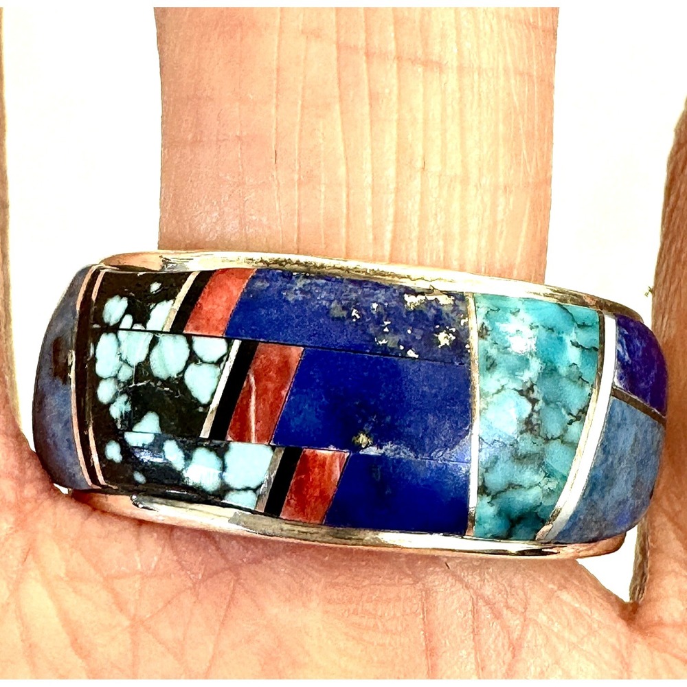 Navajo Wedding Band Turquoise Sz 13.5 Ring Inlay Lapis Multi 12mm Mens Hozho VY